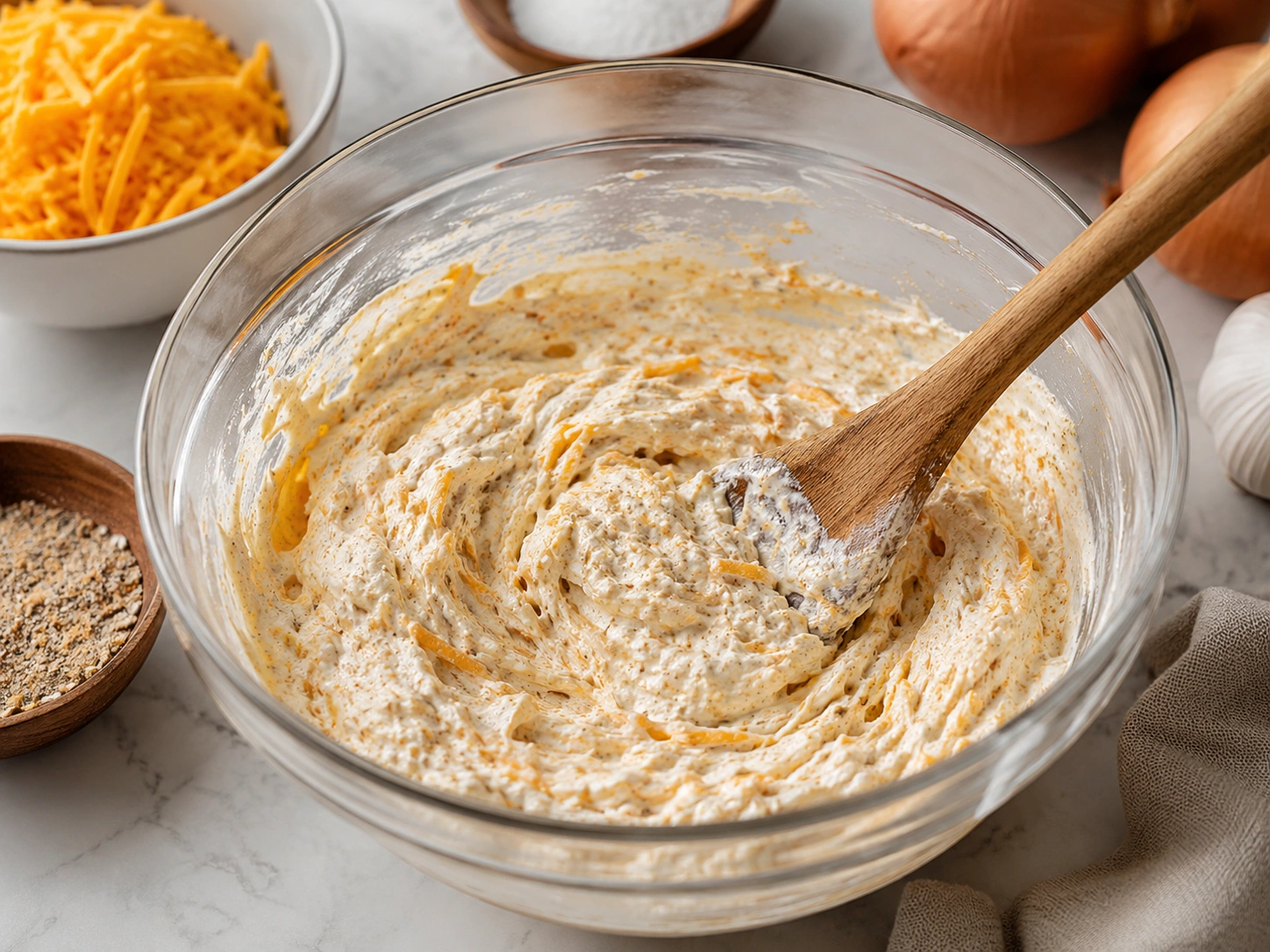 Mixing cream cheese, sour cream, soup mix, and cheese in a bowl